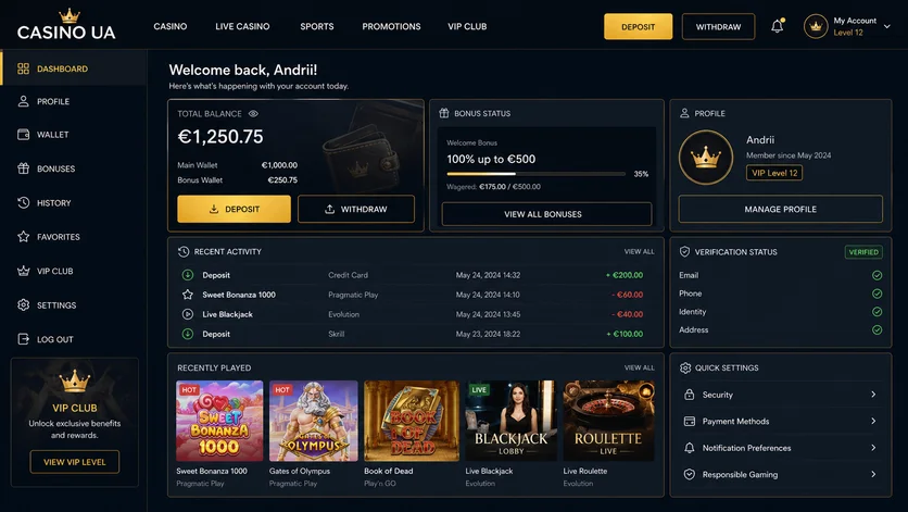Особистий кабінет Casino UA після входу з інформацією про баланс, прогресом активних бонусів, журналом транзакцій та швидким переходом до каси