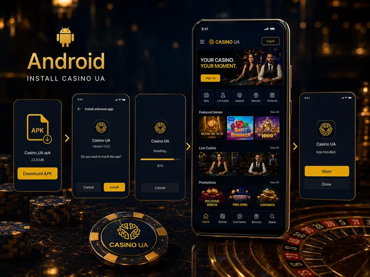 Мобільний додаток Казино ЮА для Android із завантаженням APK-файлу напряму, налаштуванням дозволів безпеки та іконкою швидкого запуску на робочому столі