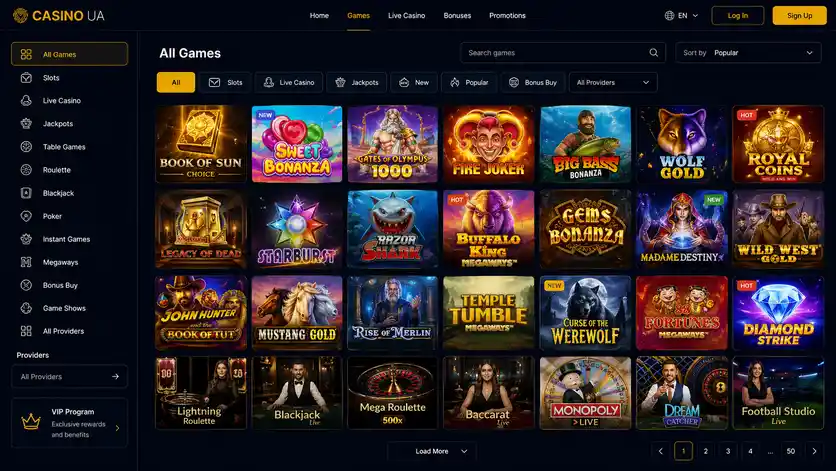 Ігрова бібліотека Casino UA з розподілом на відеослоти, краш-ігри, рулетку та блекджек, сортуванням за новизною і рейтингом популярності