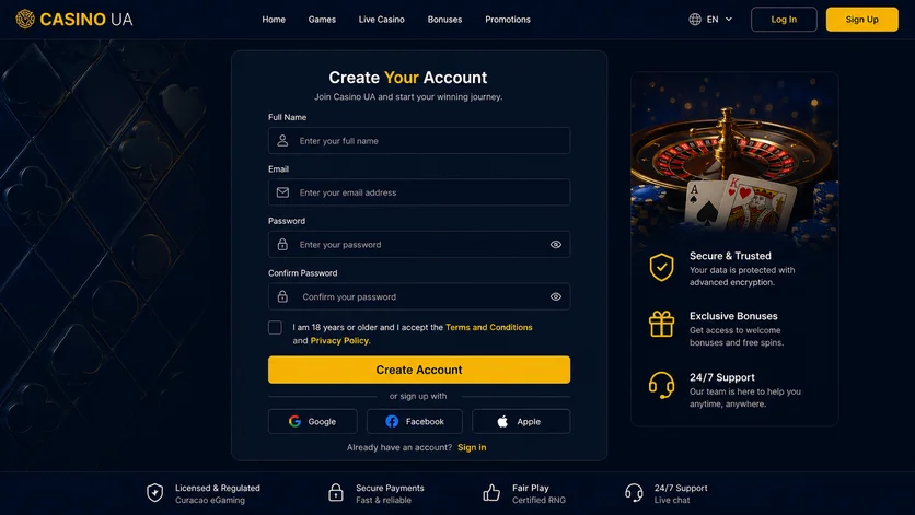 Створення акаунту на Casino UA з покроковим заповненням контактних даних, вибором способу входу через пошту або месенджер і прийняттям умов сервісу